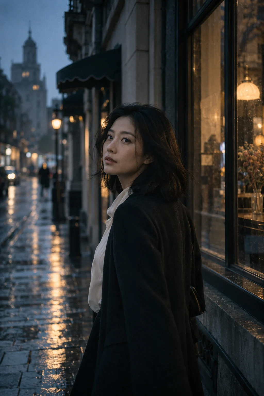 AI 概念样片：成年中国女性在雨后的街道回望